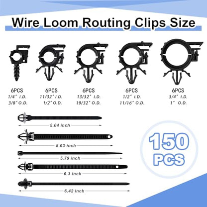 Funnymoom 150 Pcs Car Wire Loom Clips Push Mount Routing Clips, 10 Sizes | 10 Sizes, Car Harness Clips, Wiring Harness Replacement Parts, Universal Automotive Clips for Cable Management and Repair