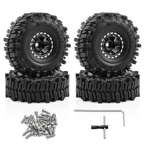 1.0" Beadlock Aluminum Wheels and 64mm Soft Rubber Tires | for SCX24, TRX4M, Ascent 18, FCX24, 1/18 1/24 RC Crawler, 7mm Hex, 0mm Offset, with Foam Inserts, (Black) - color: Black