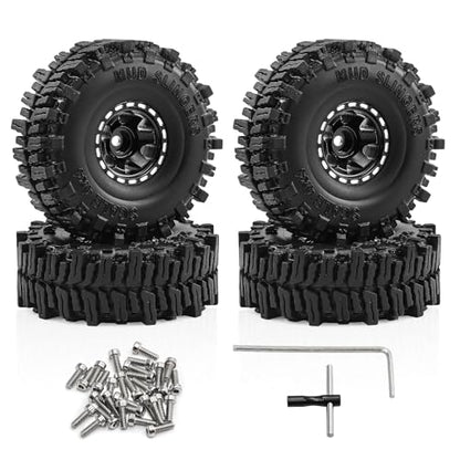 1.0" Beadlock Aluminum Wheels and 64mm Soft Rubber Tires | for SCX24, TRX4M, Ascent 18, FCX24, 1/18 1/24 RC Crawler, 7mm Hex, 0mm Offset, with Foam Inserts, (Black) - color: Black