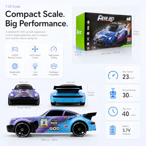 RC Drift Car, 1:24 Scale Remote Control Vehicle with LED Lights,Drifting Tires＆Two Batteries, Racing Sports Toy Idea Gift for Adults Boys Girls and Kids - color: Purple
