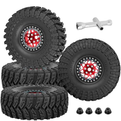 RC 1.9" Beadlock Wheel Tires Set 1.9 Beadlock Wheels and Tires for 1/10 SCX10 90046 AXI03007 TRX4 TRX6 VS4-10 Gen7 Gen8 MST CFX D90 RC Crawler Car,Aluminium 1.9 Rims w/Wheels Ring,Red - color: Red- (Wheel Tires)