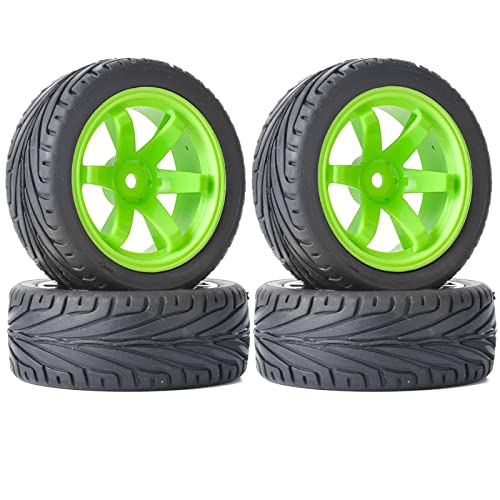 4PCS RC Car Rubber Tires and Plastic Wheels Rims Compatible with 1/10 Scale On Road Touring Racing Flat Drift Car for HSP HPI Tamiya Sakura (Green) - color: Green