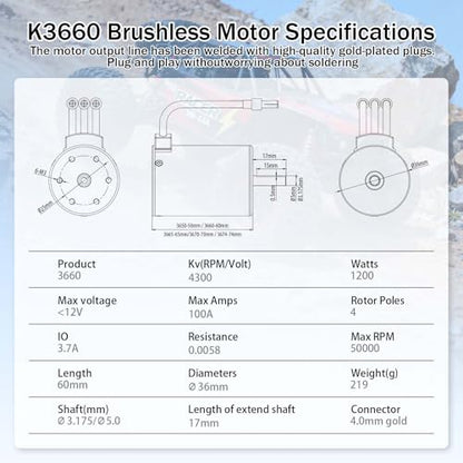 Surpass Hobby 3660 4300kv brushless Motor for 1/10 RC Car Big feet | 4 Pole Shaft 3.175mm RC Motor, 2S Lipo IP67 Waterproof RC Car Motor - style: KK3660 Motor 4300KV