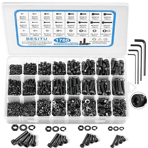 Besitu 1760pcs M2 M3 M4 M5 Metric Screw Assortment, Grade 12.9 Alloy Steel Hex Socket Head Cap Bolts and Nuts Kit, Black Zinc Plated and Anti Rust Screw Set with 4 pcs Hex Wrenches - color: Black-Hex Socket Head Cap