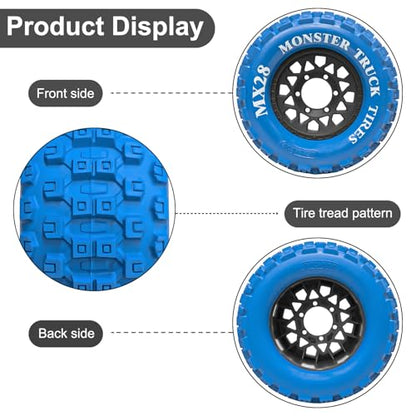 LRFHL MX28 F/R 2.8" RC Monster Truck Tires and Wheels 4PCS, Blue | 12mm/14mm Hex Adapter, 1/10 RC Monster Truck, Compatible with Traxxas Stampede Rustler Redcat Arrma Vorteks Big Rock Granite - color: Blue Tires+ Black Wheel-6