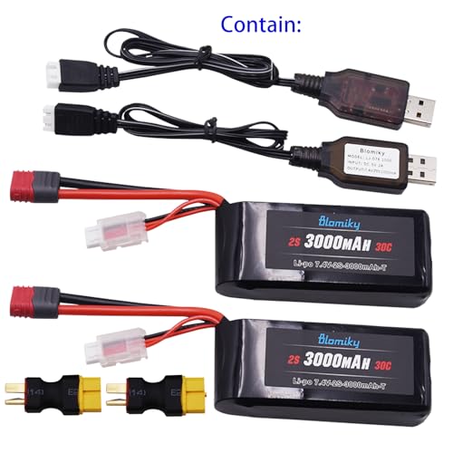 Blomiky 2 Pack 7.4V 2S 3000mAh Shorty T Plug Lipo Battery Pack with XT60 Converter Suitable for Wltoys 124019 144001 and Hyper Go H14BM 14211 14210 RC Trucks / 7.4V 3000mAh T