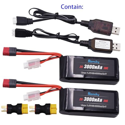 Blomiky 2 Pack 7.4V 2S 3000mAh Shorty T Plug Lipo Battery Pack with XT60 Converter Suitable for Wltoys 124019 144001 and Hyper Go H14BM 14211 14210 RC Trucks / 7.4V 3000mAh T