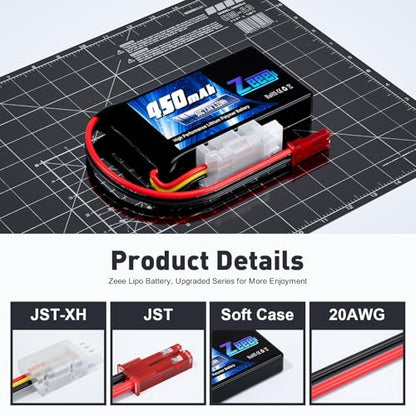 Zeee 2S Lipo Battery 450mAh 7.4V 50C with JST Plug (4 Pack) | Soft Pack RC Battery for FPV Drone Quadcopter Helicopter Airplane RC Boat RC Car RC Models