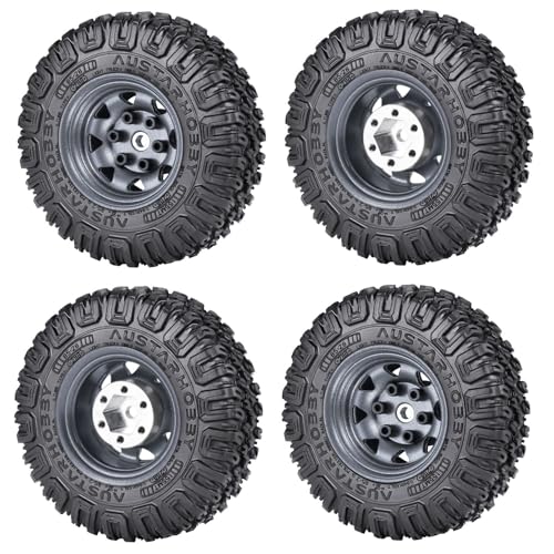 4PCS 1.55 inch Aluminum Beadlock Wheels Rim Rubber Tires Set 1.55inch Beadlock Wheel Rim Hub ＆ 85mm Rubber Tires Compatible with 1/10 RC Crawler Car Axial D90 TF2 Tamiya CC01 LC70 MST JIMNY