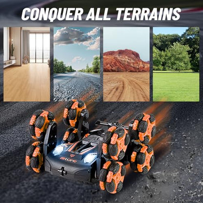 8WD Remote Control Stunt Car with Music Light Mist Spray, RC Drift Car Toys for Kids 6+, 2.4GHz Remote, Double Sided Driving, 360° Spins, Off-Road Stunt Vehicle, Birthday Gifts for Boys Girls - color: Orange