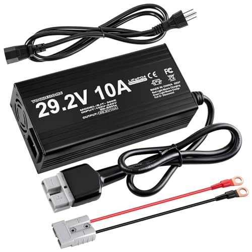 24V(29.2V Max) 10A Lithium Battery Charger for LiFePO4 Deep Cycle Rechargeable Battery Multi Safety Protections Smart Charger with Anderson Connector LED Indicator and 11 AWG M8 Adapter Cable