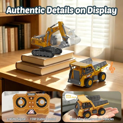 Mini RC Excavator and Dump Truck 1:64 Scale for Kids Adults | Desktop Alloy Remote Control Construction Vehicles with Lights, Sound, Variable Speed, Includes Traffic Signs and Play Mat