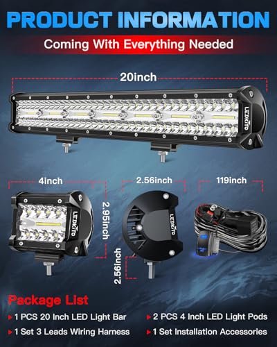 20In LED Light Bar and 4In LED Cube Pods Lights with Wiring Harness | 3Pin Rocker Switch Spot Flood Combo Beam Triple Row Off Road Driving Work Lights Bar for Je-ep Truck Pickup Tractor Golf Car - size: 20 Inch LED Light Bar + 4 Inch LED Pods (2PCS) Kit