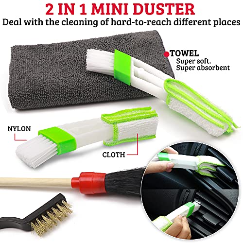 TAKAVU Car Detailing Kit, 12-Piece Set for Interior & Engine Bay Cleaning | Detail & Wire Brushes, Vent Duster & Microfiber Towel, Cleans Wheels, Motorcycles & Trim