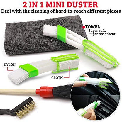 TAKAVU Car Detailing Kit, 12-Piece Set for Interior & Engine Bay Cleaning | Detail & Wire Brushes, Vent Duster & Microfiber Towel, Cleans Wheels, Motorcycles & Trim