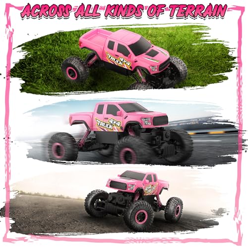 Double E Pink Monster Truck Remote Control Car for Girls | Cool 4WD RC Truck Toy with Off-Road Tires, Fun Outdoor Gift for Kids Ages 6-12 - color: Pink