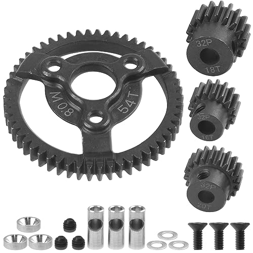 32P Spur Gear 54T & Pinion Gear 16T 18T 20T w/Motor Shaft Adapter Compatible with Traxxas 1/10 2WD Slash VXL/ 2WD Bandit VXL/ 2WD Rustler / 2WD Stampede RC Car