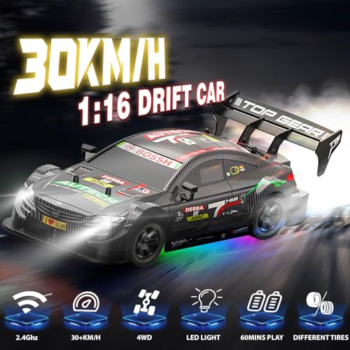 RC Drift Car 1:16, 2.4GHz 4WD 30+KM/H High Speed Remote Control Car with LED Lights Two Batteries and Drift Tires, Drifting RC Cars for Adults Boys Kids, Gray - color: Gray