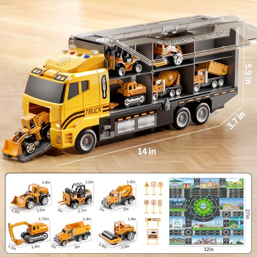 NIPLOOOW Toddler Boys Construction Truck Vehicle Toy Set with Play Mat and Die-Cast Toy Car, Transport Carrier Truck for Kids 3-5, Birthday Gifts Toys for 3-8 Year Old Boys - style: Construction truck