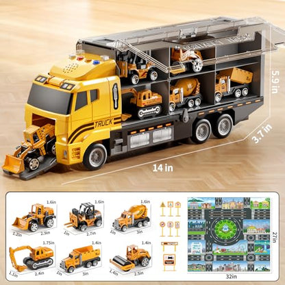NIPLOOOW Toddler Boys Construction Truck Vehicle Toy Set with Play Mat and Die-Cast Toy Car, Transport Carrier Truck for Kids 3-5, Birthday Gifts Toys for 3-8 Year Old Boys - style: Construction truck