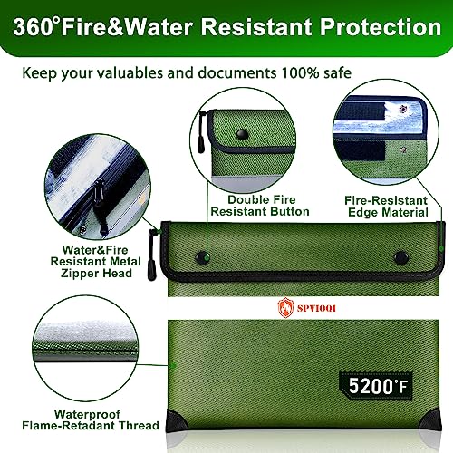 Upgraded 5200°F Fireproof Document Bag - Heat Insulated, Fireproof Safe Pouch with Zipper, 8 Layers of Functional Materials, Firep roof Money Bag for Cash/Documents, Water Resistant Fire Bags - color: Green, size: 12" x 8.5"