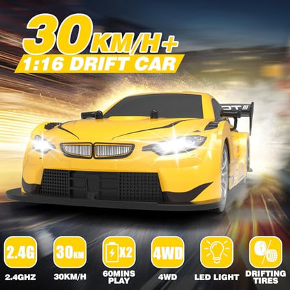 RC Drift Car 1:16, 2.4GHz 4WD Remote Control Car, 30+KM/H High Speed Drifting RC Cars with LED Lights Two Batteries and Drift Tires Racing Cars for Adults Boys Kids, Yellow - color: Yellow