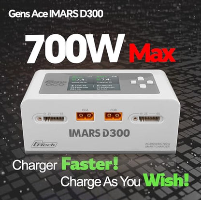 IMARS D300 Gens Ace Lipo Battery Charger G-Tech Smart Dual Lipo Balance Charger AC 300W DC 700W(350W*2) 16A Dual Channel Charger for 1s~6s Lipo Batteries, Life/NiCd/MH/LiHV, Plug&Play (White)