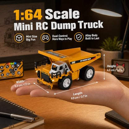 1/64 Mini RC Dump Truck with APP & 2.4GHz Remote Control, Alloy Metal Construction Vehicle Toy, Rechargeable Dump Truck with Lights & Sound, Gift for Boys Girls Adults - style: RC Dump Truck