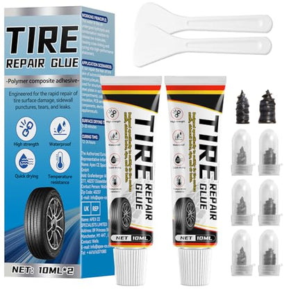 Tire Repair Glue, Rubber Cement Glue, 10ml*2 Quick-Drying Tires Repair Rubber Nail Kit, Strong Tire Plug Glues, Suitable for Bike, Car, Motorcycle, Off-Road, Truck, Tractor, Black (10ml*2)