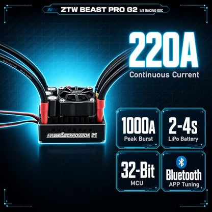 ZTW Beast PRO G2 220A ESC for 1/8 RC Car 1000A Peak 32-Bit Brushless Speed Controller Sensored Sensorless 2-4S 6V/7.4V 8A BEC for Buggy Truggy Off-Road On-Road Racing