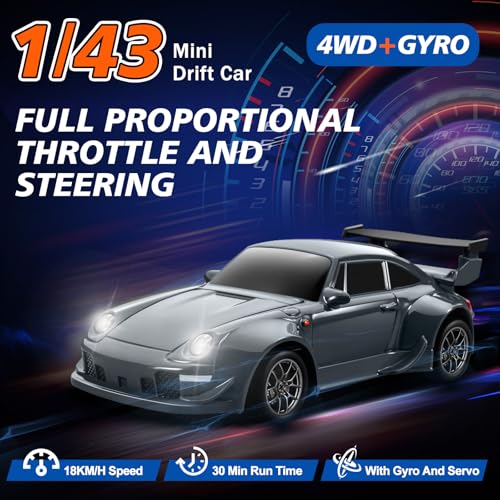 Mini RC Drift Car with Gyro, 1:43 4WD Full Proportional RC Cars, 18KM/H High Speed Remote Control Car with Lights, Extra Racing Tires, Vehicle for Adults Kids Boys, Gray - color: Gray