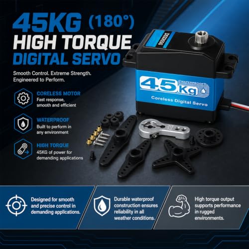 2 Packs Servo Motor 45KG High Torque Waterproof Digital Servo, 180 Degree Coreless Motor with Full Metal Gear and 25T Aluminum Arm for 1/10 Scale RC Car Truck Crawler Boat Robotic Arm DIY