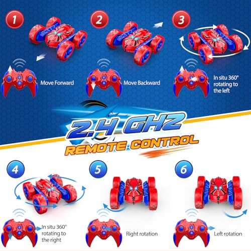 Excitobo Remote Control Car,Double Sided 360° Rotating 4WD RC Cars Toys for 3-12 Year Old Boys 2.4GHz Electric Rechargeable Race Stunt Birthday Halloween Christmas Easter Toys for Boys 4-6 3-4 - color: Red & Blue
