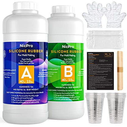Nicpro 80oz Silicone Mold Making Kit, 15A Platinum Liquid Silicones Rubber | Flexible Silicone Molds Maker Mix Ratio 1:1 for Casting 3D Resins Candle Soap Molds DIY with Gloves, Sticks, Mixing Cups - size: 80oz