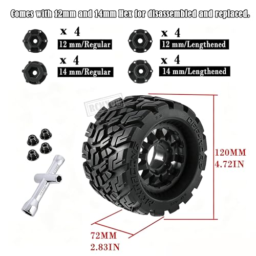 RC Truck Tires Wheel 12mm/14mm Hex for 1/10 Big Rock Granite Vortek/Stampede Rustler Hoss/Axia1/L0s1/Redca t/Rc 4wd,4-Pack RC Wheels Tires,Black - color: Black for 1/10 Arrma