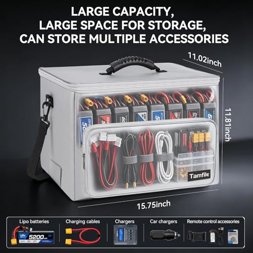 Tamfile Fireproof Lipo Battery Bag with 4200°F Heat Insulated, Large Silver | Heat Resistant, Large Capacity, Lithium Batteries Storage, RC Drone LiPo Battery Storage, Transport and Charging Protection - color: Large Silver