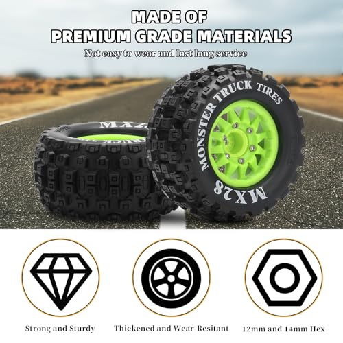 2.8" RC Tires with 12mm/14mm Hex Adapter 1/10 Scale RC Truck Tires RC Wheels and Tires Set for Traxxas Arrma Rustler Stampede 4PCS (Green) - Not Glued - color: Green