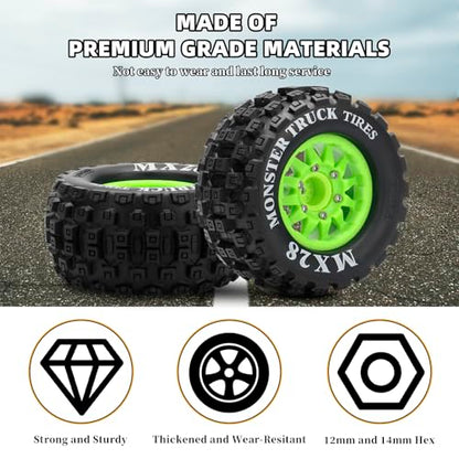 2.8" RC Tires with 12mm/14mm Hex Adapter 1/10 Scale RC Truck Tires RC Wheels and Tires Set for Traxxas Arrma Rustler Stampede 4PCS (Green) - Not Glued - color: Green