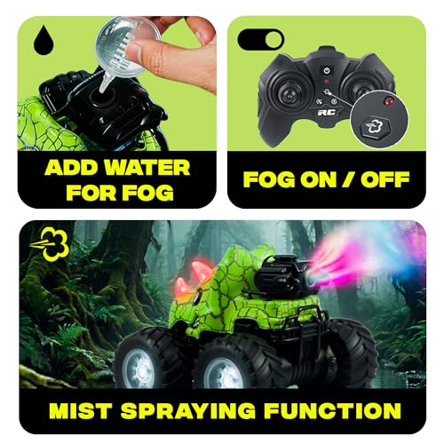 BEZGAR Monster Truck Toys, RC Cars with Mist Spray & Light, Two Batteries | Green Dinosaur Toys, 360° Stunt Spins RC Truck with Music, 4WD Remote Control Car for Boys 4-7, 40+ Mins Battery Life - color: Green