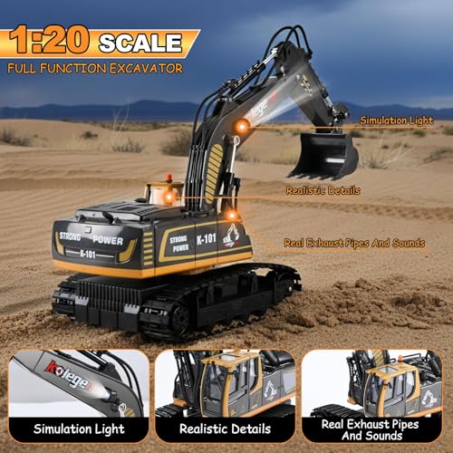 kolegend 1:18 Scale RC Excavator Toy with Metal Shovel, 11 Channels Remote Control Construction Truck, Real Digging on Dirt & Sand 2 Rechargeable Batteries Gift for Boys Girls Kids 6-12 Years Old - color: Black