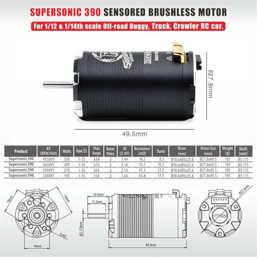 1-3S Supersonic 390 Sensored Brushless Motor 8.5T/10.5T/13.5T/17.5T TS80 Pro 80A ESC for 1/12 1/14 Scale Off-Road Buggy Truck Crawler RC Car (Black 13.5T) - color: Black 13.5T