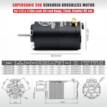 1-3S Supersonic 390 Sensored Brushless Motor 8.5T/10.5T/13.5T/17.5T TS80 Pro 80A ESC for 1/12 1/14 Scale Off-Road Buggy Truck Crawler RC Car (Black 13.5T) - color: Black 13.5T