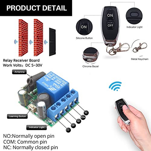 DieseRC Wireless Remote Control Switch 433Mhz 5V 12V 24V 1 Channel Radio Control Relay Receiver with 2 Transmitters keyfobs Potential-Free Contacts Relay Controller - color: 1 Recever and 2 Transmitters