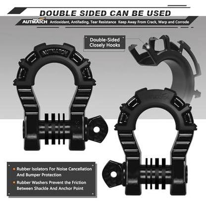AUTMATCH D Ring Shackles 3/4" Mega Shackle (2 Pack) 68,000Ibs Break Strength - Heavy Duty Clevis Shackles with 7/8" Screw Pin and Isolator Washer for Tow Strap Winch Off Road Vehicle Recovery, Black - color: Gloss Black