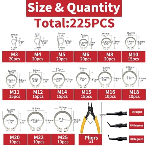 225Pcs External Retaining Rings Snap Rings Assortment Kit, 304 Stainless Steel External C-Clip Set, 15 Sizes Circlip Snap Rings M3 - M25+(Convertible Snap Ring Pliers) - size: 225pcs C-clip stainlesssteels+pliers