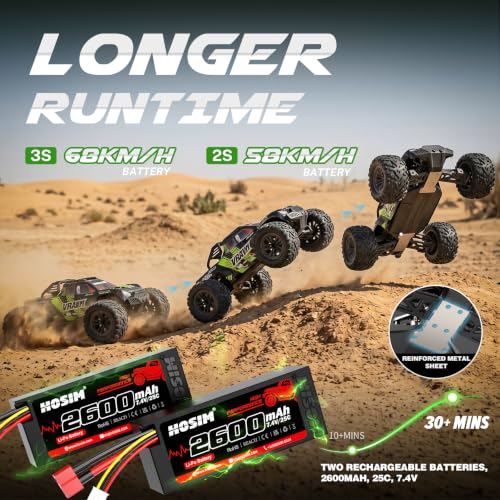 Hosim 1/10 Fast Brushless RC Cars for Adults & Boys 68+ KM/H | Off-Road 4X4 Remote Control Car, RTR Monster Truck, Waterproof All Terrain Hobby RC Truck Toy Gift with Two 2600mAh Lipo