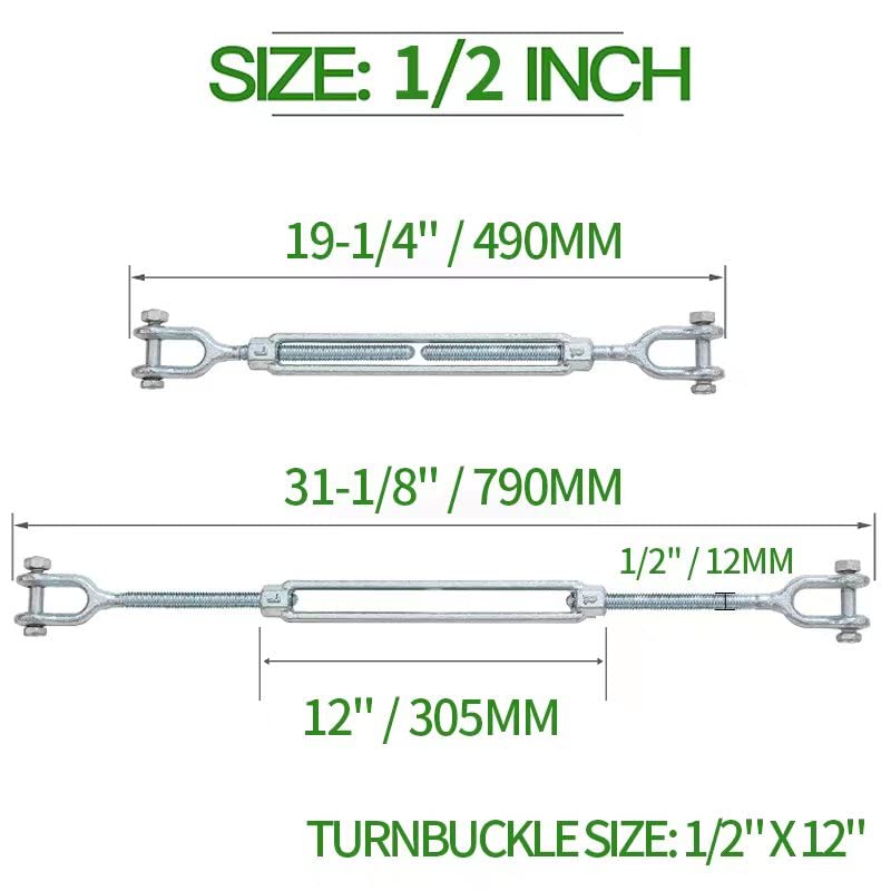 1/2" Jaw Jaw Turnbuckle Galvanized Jaw and Jaw Turnbuckle, Jaw Jaw Closed Body Marine Turnbuckle Jaw, 3500lbs Working Load Limit, Durable for Wire Rope Cable (1/2" x 12") - style: Jaw & Jaw-1/2 x 12