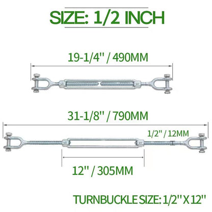 1/2" Jaw Jaw Turnbuckle Galvanized Jaw and Jaw Turnbuckle, Jaw Jaw Closed Body Marine Turnbuckle Jaw, 3500lbs Working Load Limit, Durable for Wire Rope Cable (1/2" x 12") - style: Jaw & Jaw-1/2 x 12