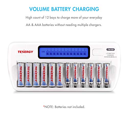 Tenergy TN160 12-Bay LCD NiMH/NiCD AAA/AA Battery Charger + 12x AA NiMH Rechargeable Batteries, Double A Batteries for Everyday Electronics - size: Charger + 12 Pack NiMH AA