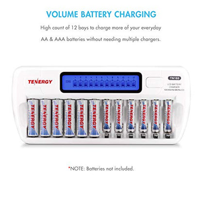 Tenergy TN160 12-Bay Smart Battery Charger: LCD Display and Refresh Function for AA or AAA NiMH and NiCd Rechargeable Cells with AC Wall Adapter - size: Charger